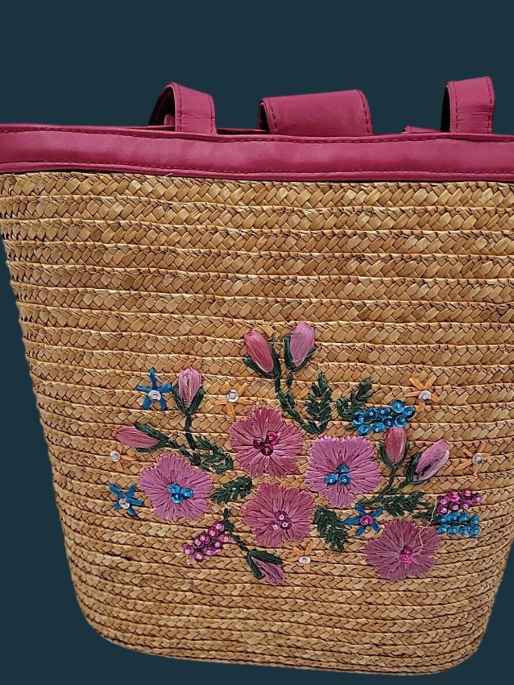 Vintage White Stag Flower Embroidered Straw Tote Bag Fuchsia Trim Y2K Boho - Picture 2 of 10